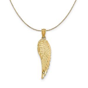 14k Yellow Gold Textured Angel Wing (10 x 33mm) Necklace - 16 Inch